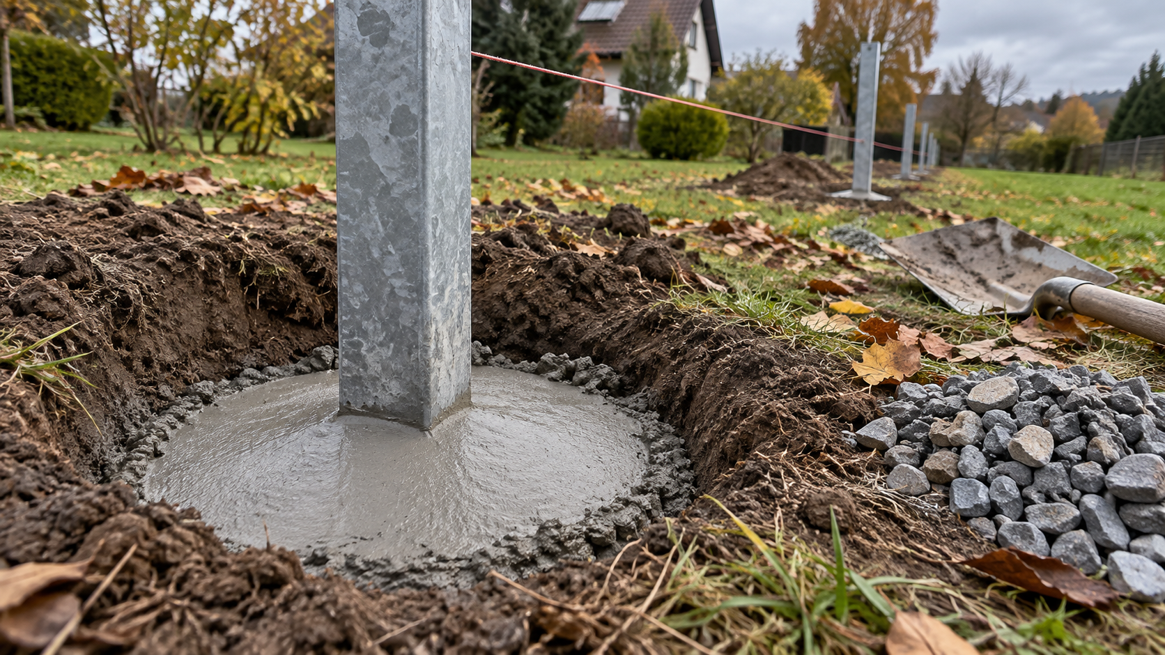 Fotorealistická produktová fotografie: zabetonovaný pozinkovaný hranatý plotový sloupek 60x60 mm ve výkopu o průměru 30