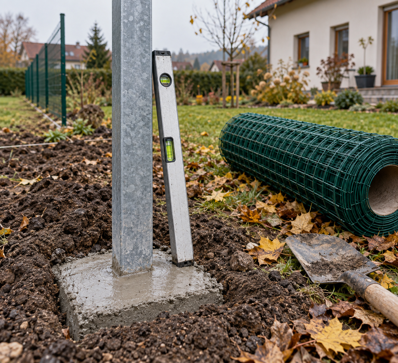 Betonování hranatého sloupku při oplocení pozemku na podzim